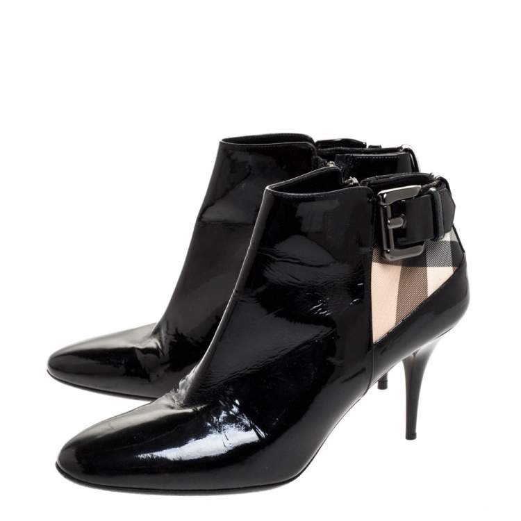 Pre Owned Burberry Black Patent And Nova Check Canvas Buckle Detail Ankle Booties Size 39