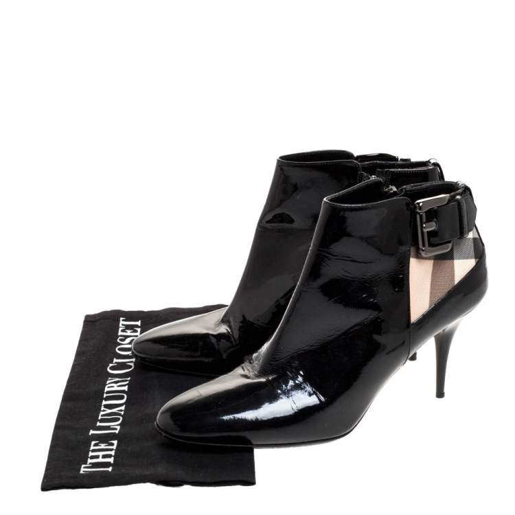 Pre Owned Burberry Black Patent And Nova Check Canvas Buckle Detail Ankle Booties Size 39