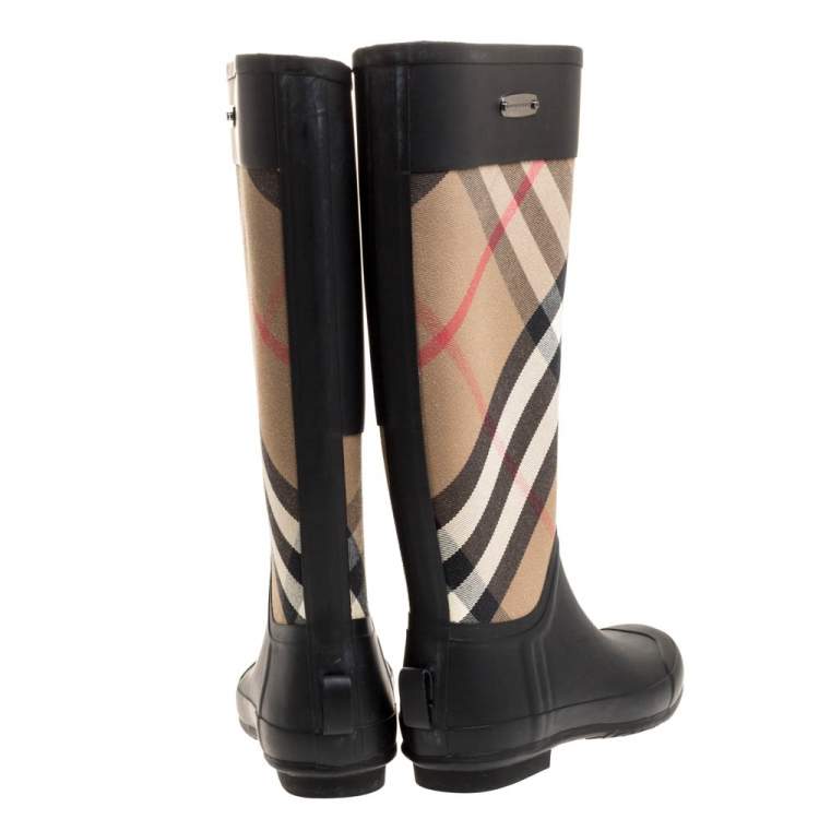Pre Owned Burberry Black House Check Fabric and Rubber Rain Boots Size 38