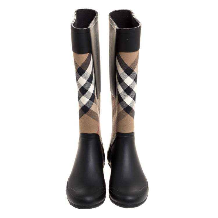 Pre Owned Burberry Black House Check Fabric and Rubber Rain Boots Size 38