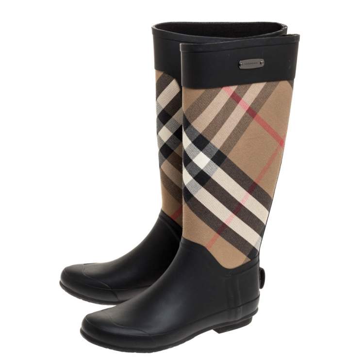 Pre Owned Burberry Black House Check Fabric and Rubber Rain Boots Size 38