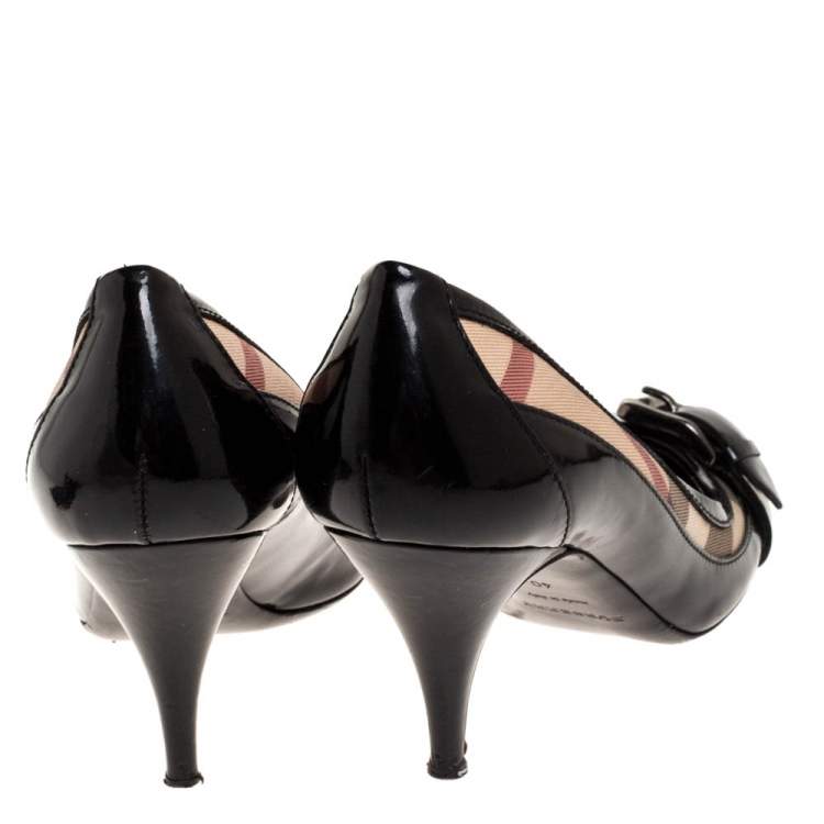 Pre Owned Burberry Black House Check Coated Canvas and Patent Leather Buckle Pumps Size 40