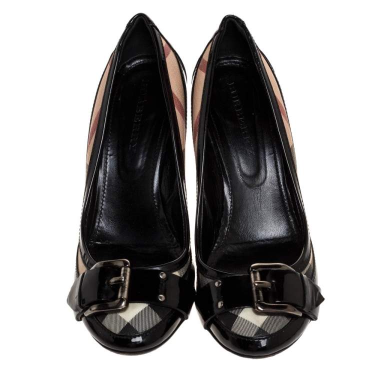 Pre Owned Burberry Black House Check Coated Canvas and Patent Leather Buckle Pumps Size 40