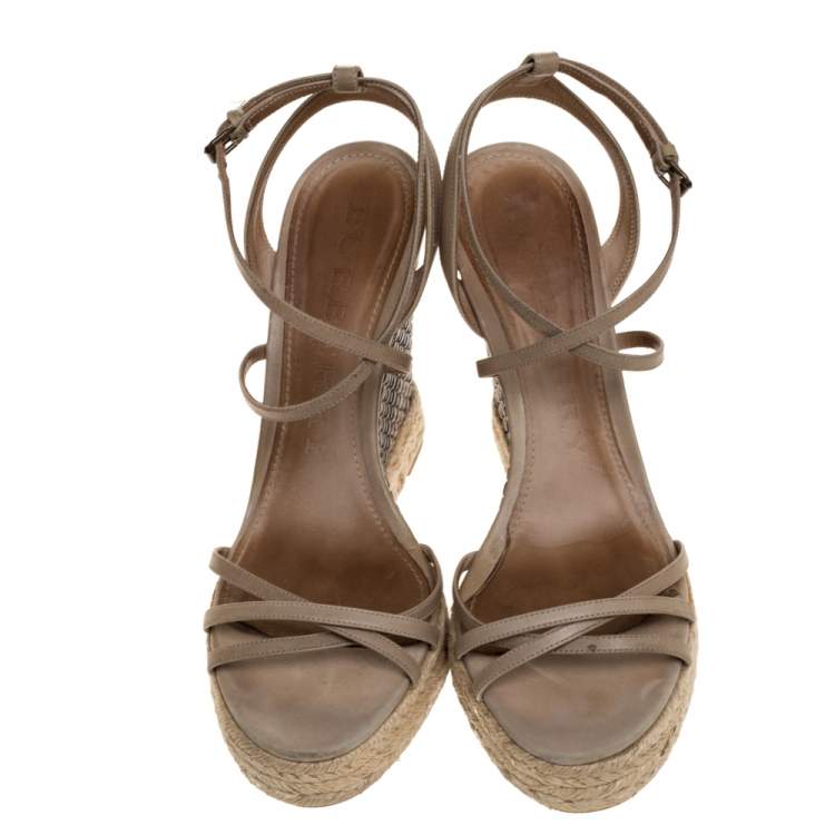 Pre Owned Burberry Pale Green Strappy Leather Woven Wedge Espadrille Sandals Size 39