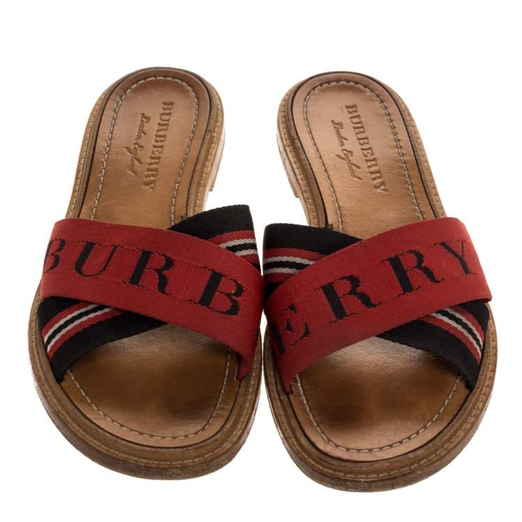 Pre Owned Burberry Red/Black Nylon Foley Flat Logo Slide Sandals Size 38.5