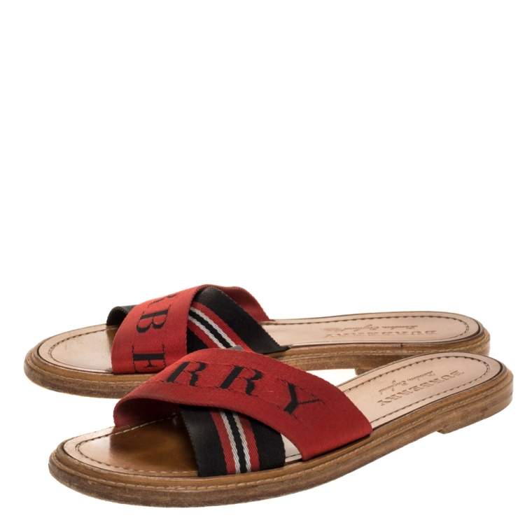 Pre Owned Burberry Red/Black Nylon Foley Flat Logo Slide Sandals Size 38.5
