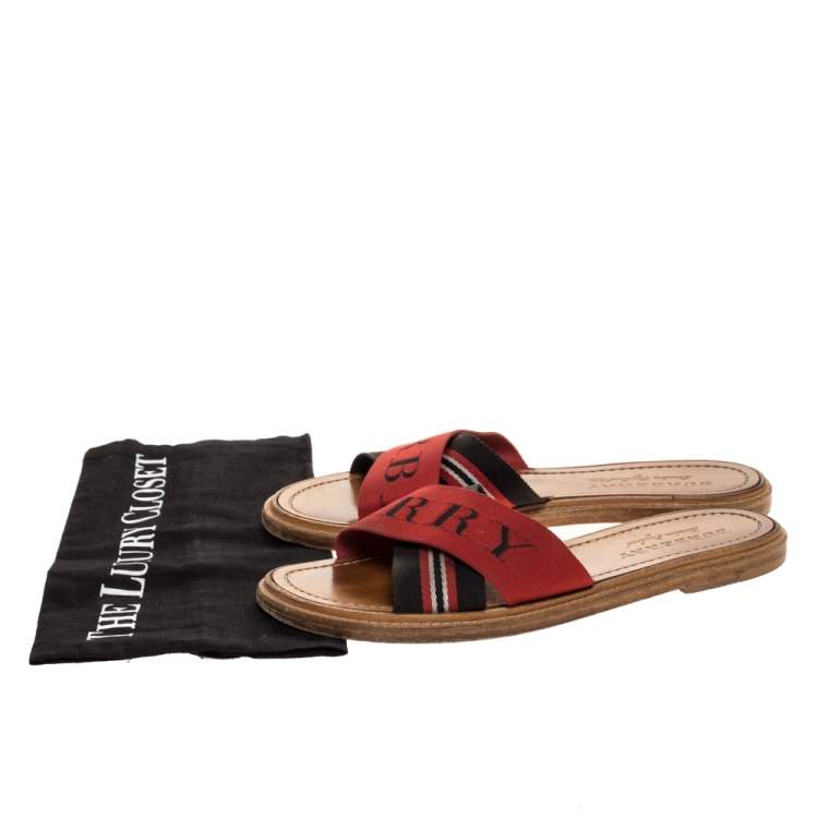 Pre Owned Burberry Red/Black Nylon Foley Flat Logo Slide Sandals Size 38.5