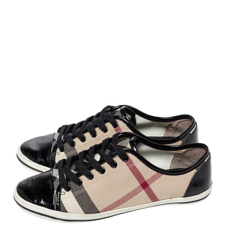 Pre Owned Burberry Beige/Black Nova Check Canvas and Patent Leather Lace Up Sneakers Size 37