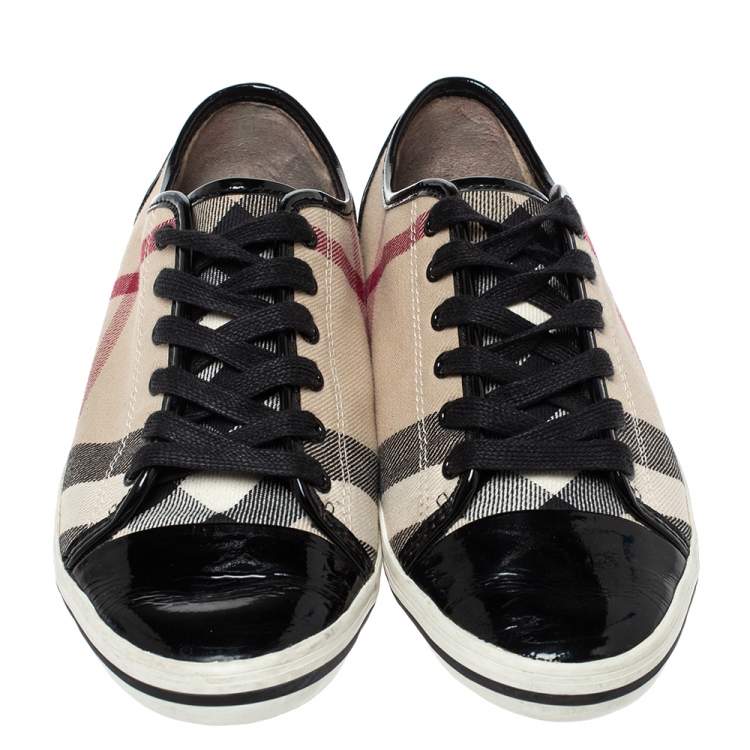 Pre Owned Burberry Beige/Black Nova Check Canvas and Patent Leather Lace Up Sneakers Size 37