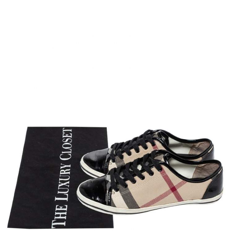 Pre Owned Burberry Beige/Black Nova Check Canvas and Patent Leather Lace Up Sneakers Size 37