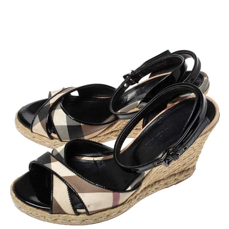 Pre Owned Burberry Black Patent And Novacheck Cross Strap Espadrille Wedge Sandals Size 35