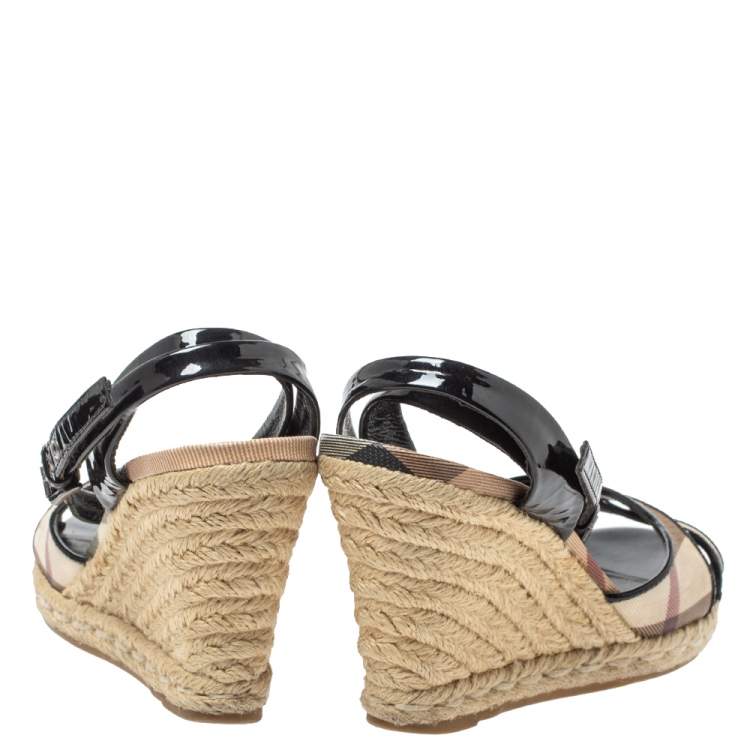 Pre Owned Burberry Black Patent And Novacheck Cross Strap Espadrille Wedge Sandals Size 35