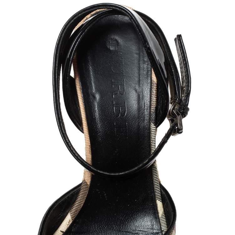 Pre Owned Burberry Black Patent And Novacheck Cross Strap Espadrille Wedge Sandals Size 35