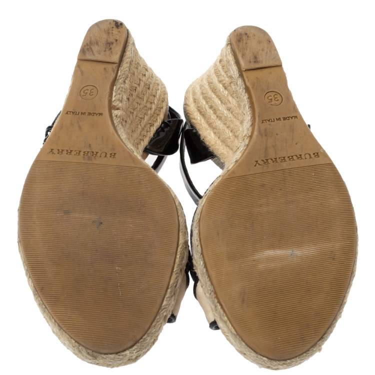 Pre Owned Burberry Black Patent And Novacheck Cross Strap Espadrille Wedge Sandals Size 35