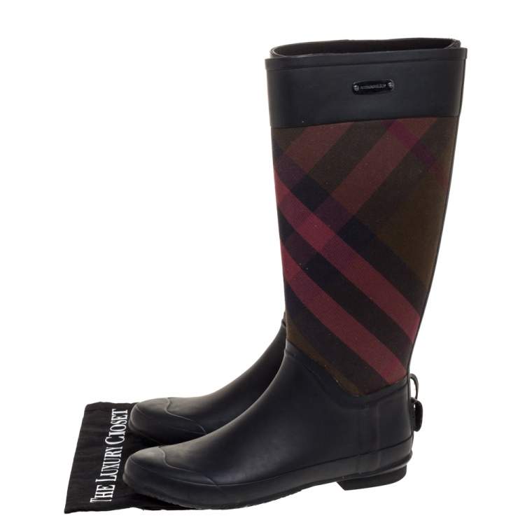 Pre Owned Burberry Black Rubber And Novacheck Canvas Rain Boots Size 41