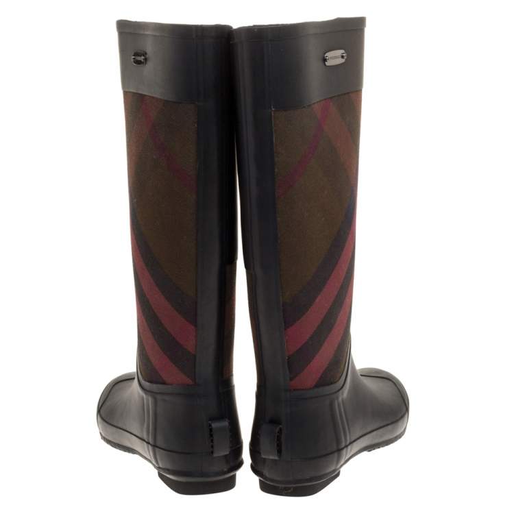Pre Owned Burberry Black Rubber And Novacheck Canvas Rain Boots Size 41