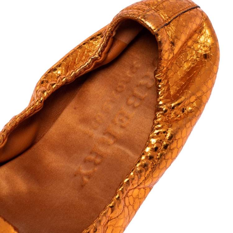 Pre Owned Burberry Metallic Orange Python Embossed Leather Surrey Ballet Flats Size 37