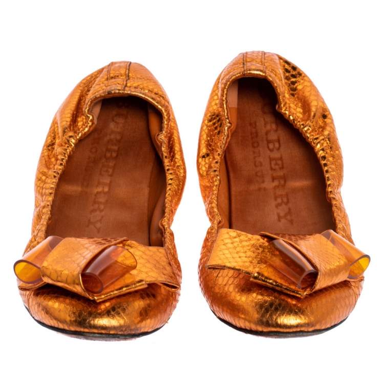 Pre Owned Burberry Metallic Orange Python Embossed Leather Surrey Ballet Flats Size 37