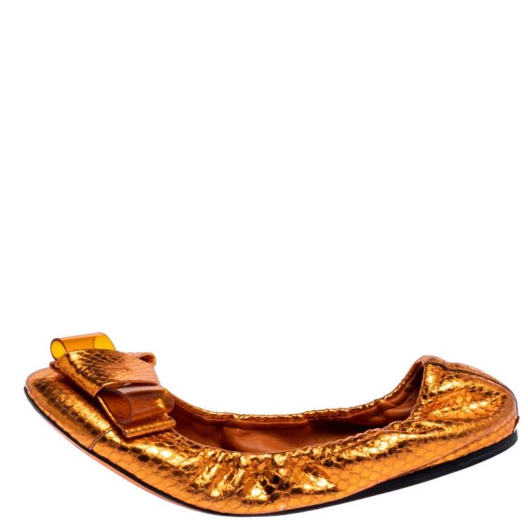 Pre Owned Burberry Metallic Orange Python Embossed Leather Surrey Ballet Flats Size 37