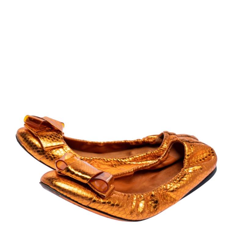 Pre Owned Burberry Metallic Orange Python Embossed Leather Surrey Ballet Flats Size 37