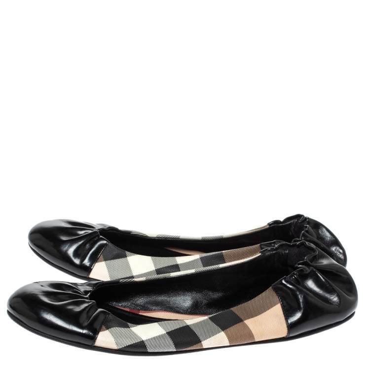 Pre Owned Burberry Black Patent Leather And Nova Check Canvas Scrunch Ballet Flats Size 38