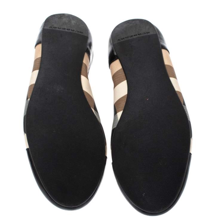 Pre Owned Burberry Black Patent Leather And Nova Check Canvas Scrunch Ballet Flats Size 38