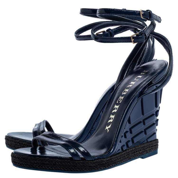 Pre Owned Burberry Navy Blue Patent Leather Strappy Wedge Sandals Size 38