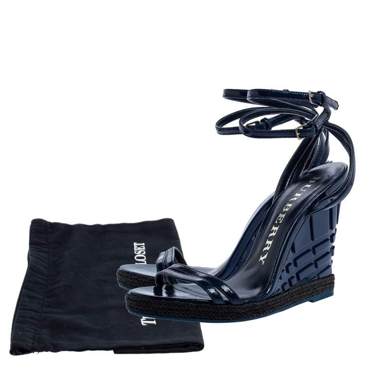 Pre Owned Burberry Navy Blue Patent Leather Strappy Wedge Sandals Size 38