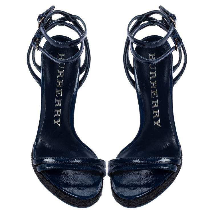 Pre Owned Burberry Navy Blue Patent Leather Strappy Wedge Sandals Size 38