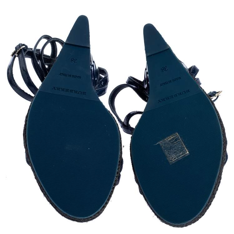 Pre Owned Burberry Navy Blue Patent Leather Strappy Wedge Sandals Size 38