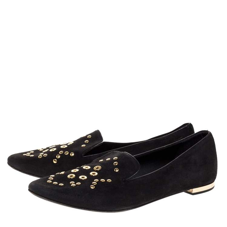 Pre Owned Burberry Black Suede Eyelet Detail Hoadley Tapestry Smoking Slippers Size 39