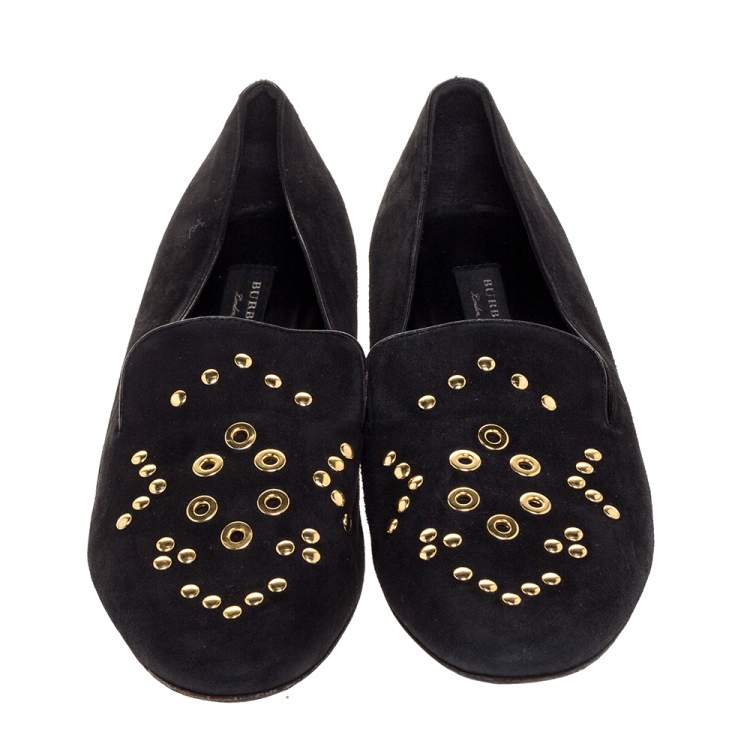Pre Owned Burberry Black Suede Eyelet Detail Hoadley Tapestry Smoking Slippers Size 39
