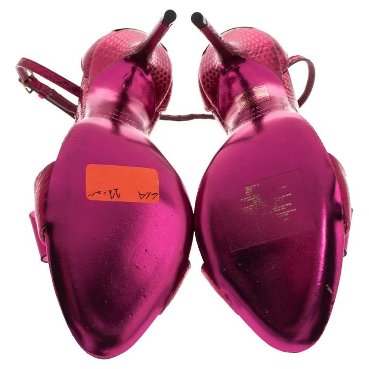 مملوكة مسبقًا Burberry Fuchsia Pink Python Leather Bow Ankle Strap Sandals Size 37.5
