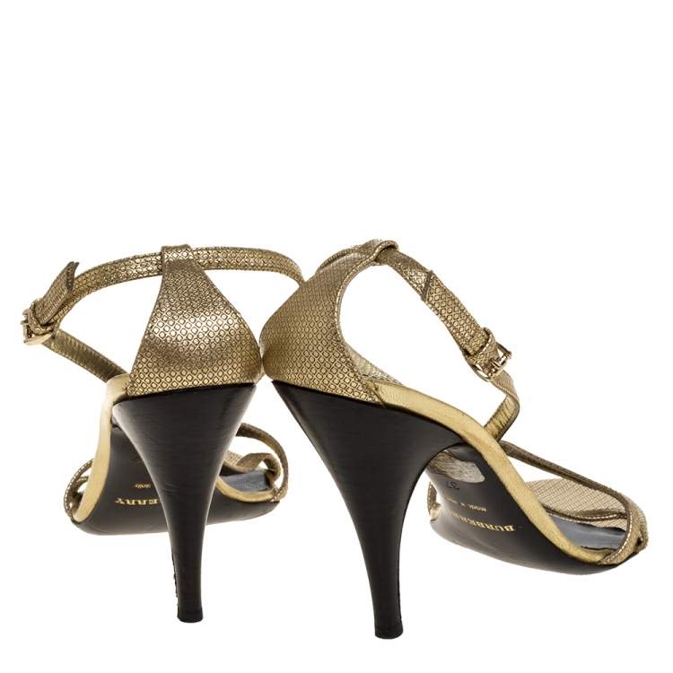 Pre Owned Burberry Metallic Gold Textured Leather Strappy Sandals Size 37