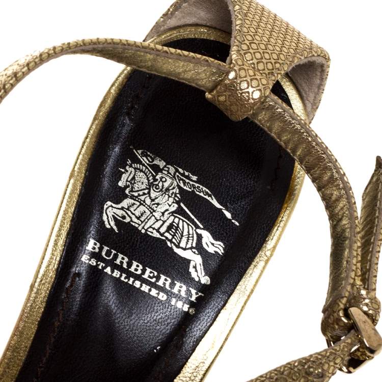 Pre Owned Burberry Metallic Gold Textured Leather Strappy Sandals Size 37