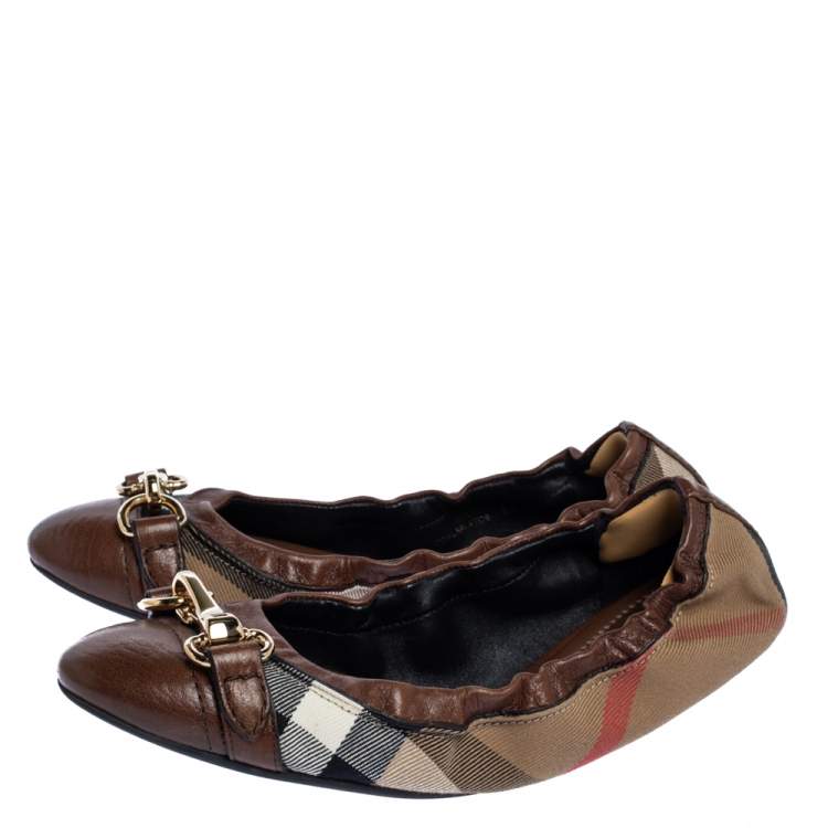 Pre Owned Burberry Brown House Check Canvas and Leather Shipley Ballet Flats Size 38