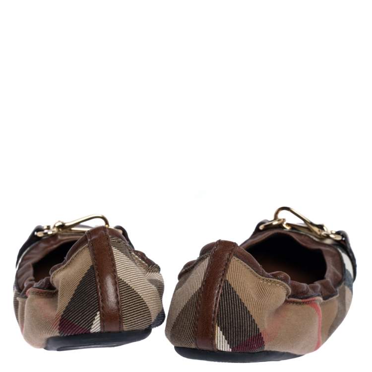 Pre Owned Burberry Brown House Check Canvas and Leather Shipley Ballet Flats Size 38