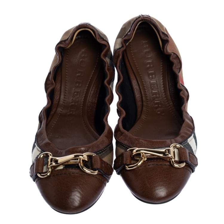 Pre Owned Burberry Brown House Check Canvas and Leather Shipley Ballet Flats Size 38