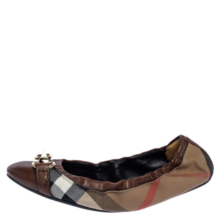Pre Owned Burberry Brown House Check Canvas and Leather Shipley Ballet Flats Size 38