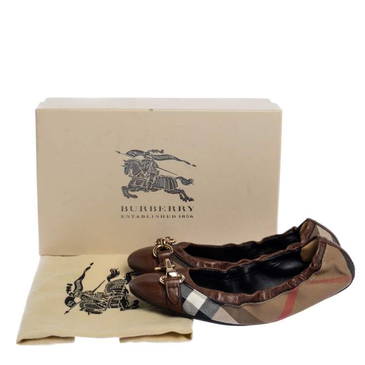 Pre Owned Burberry Brown House Check Canvas and Leather Shipley Ballet Flats Size 38