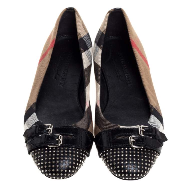 Pre Owned Burberry Beige Nova Check Canvas and Black Studded Leather Buckle Detail Ballet Flats Size 36