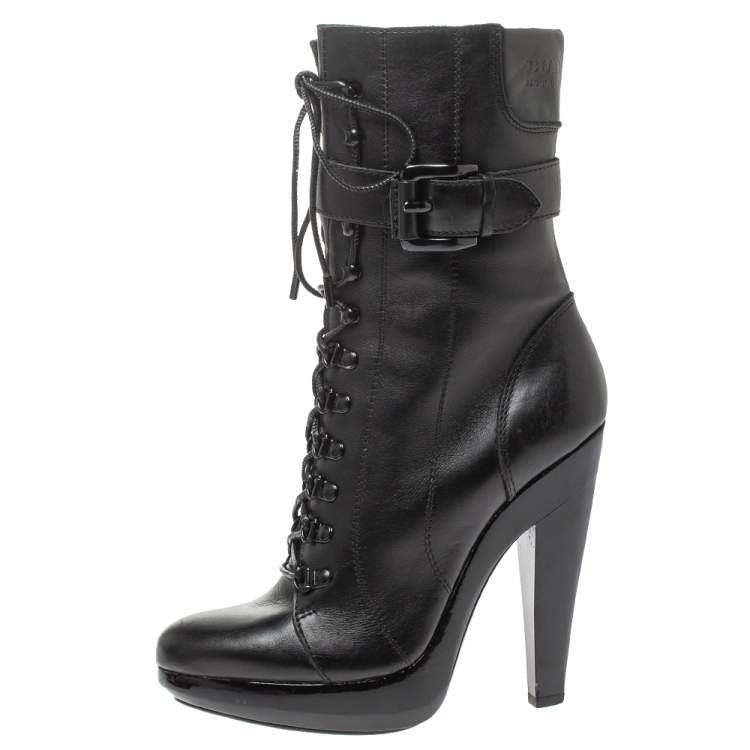 Pre Owned Burberry Black Leather Buckle Detail Boots Size 38