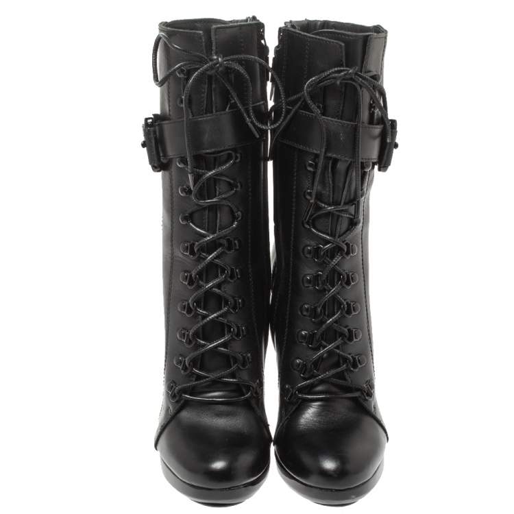 Pre Owned Burberry Black Leather Buckle Detail Boots Size 38
