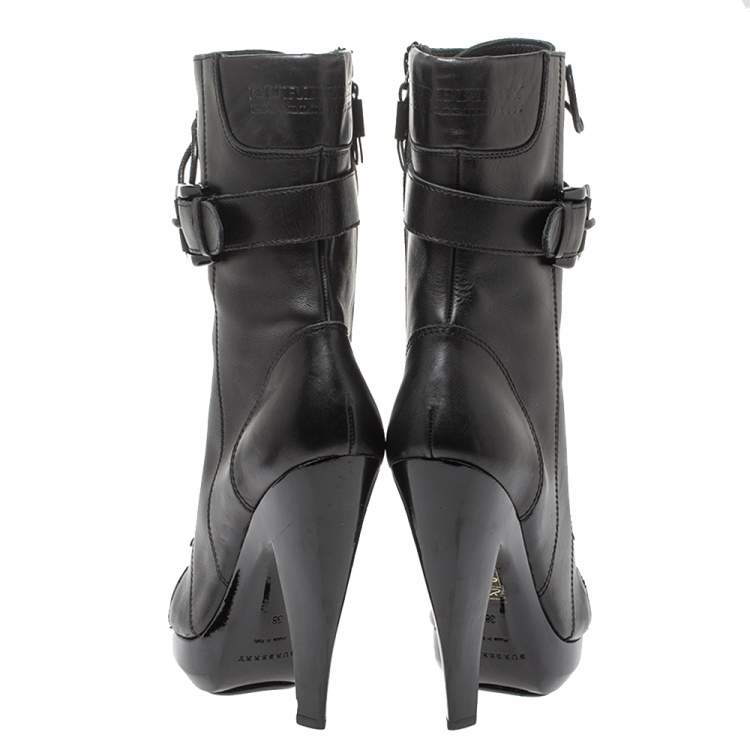 Pre Owned Burberry Black Leather Buckle Detail Boots Size 38