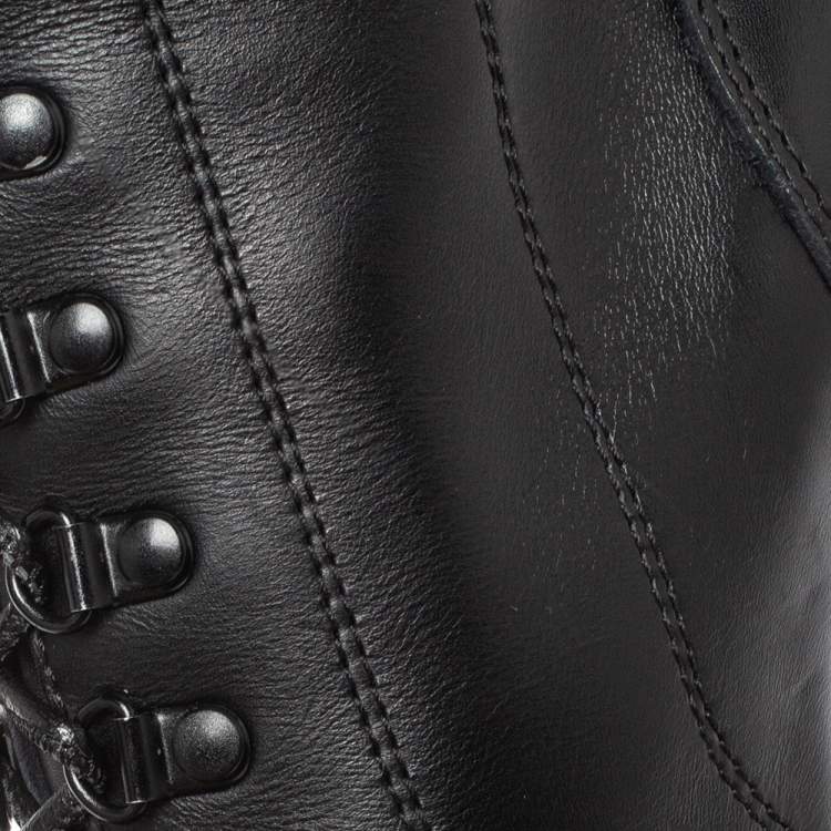Pre Owned Burberry Black Leather Buckle Detail Boots Size 38