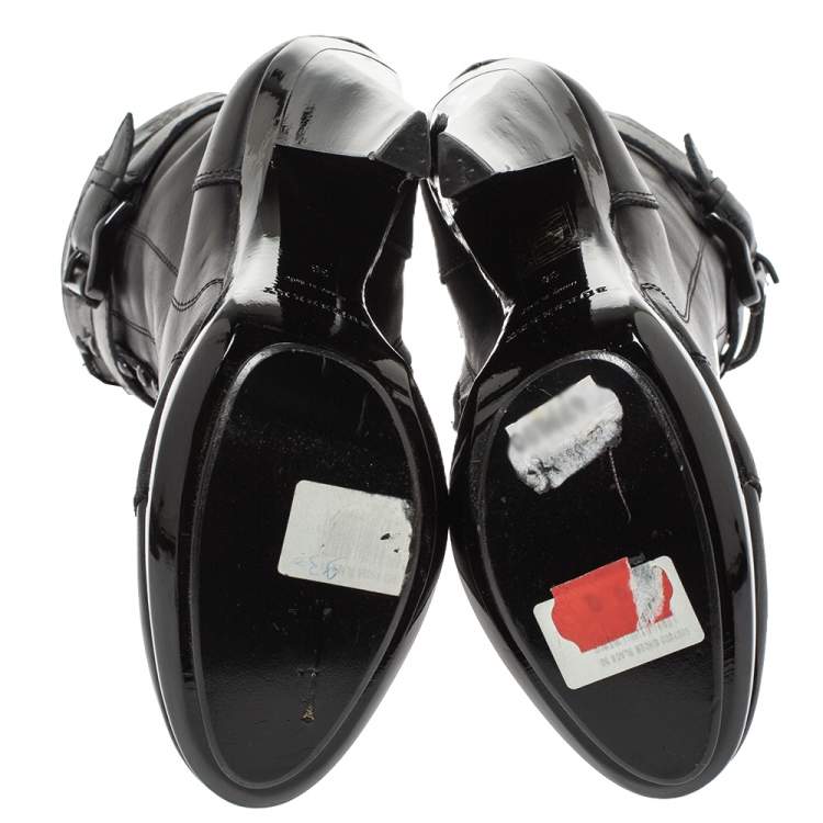 Pre Owned Burberry Black Leather Buckle Detail Boots Size 38