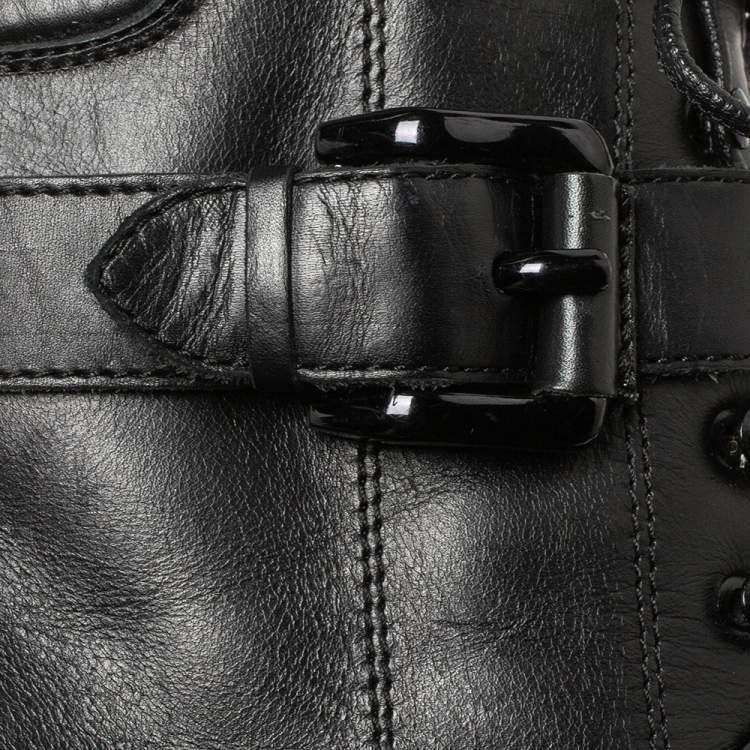 Pre Owned Burberry Black Leather Buckle Detail Boots Size 38