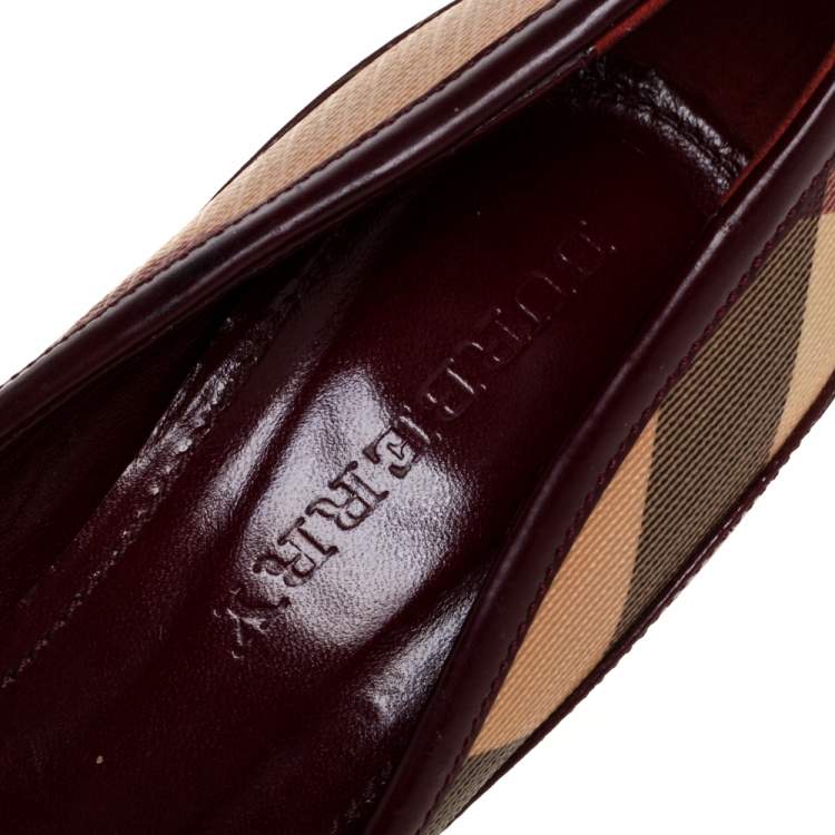 Pre Owned Burberry Burgundy/Beige House Check Canvas and Patent Leather Buckle Peep Toe Pumps Size 39