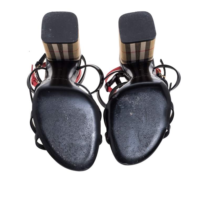 Pre Owned Burberry Black/Red Leather Anthea Strappy Sandals Size 39