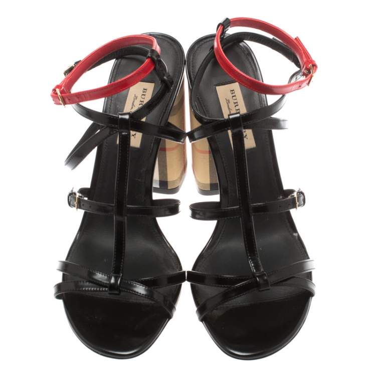 Pre Owned Burberry Black/Red Leather Anthea Strappy Sandals Size 39